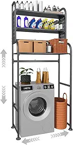 Over Washer Storage, 3 Tier Expandable Washer and Dryer rack, Laundry Room Storage Over Toilet Washing Machine and Dryer Storage Rack Bathroom Organization with Pigboard and Hook ( Color: Dark grey)