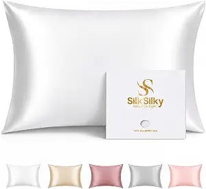 SilkSilky 100% Pure Organic Mulberry Silk Pillowcase for Hair & Skin, Both Sides Grade 6A Pillow Cases with Hidden Zipper, Breathable Cooling Silk for Beauty Sleep (Standard 20''x26'', White)