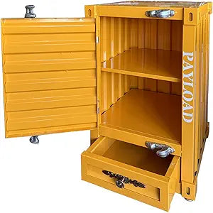 Industrial Shipping Container Nightstand - 20 Inch 3-Tier Iron Bedside Table with Drawer, Handcrafted Rustic Distressed Metal End Table for Bedroom, Bar, Garage (Yellow)