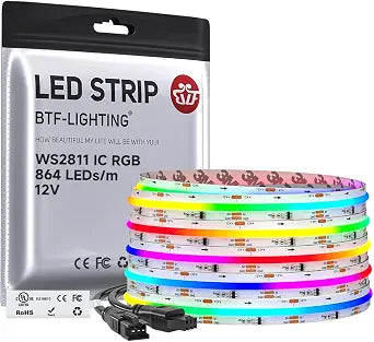 BTF-LIGHTING RGB WS2811 Smart IC FCOB COB LED Strip, UL Listed 864LEDs/m High Density Color Chasing Uniform Light, DC12V 16.4FT 12mm Width Tape Light for Home Party DIY Decor(No Adapter or Controller)