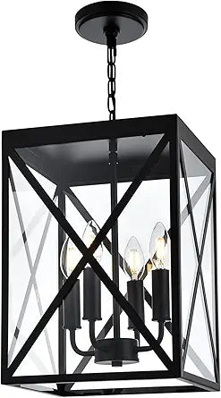 Black Outdoor Pendant Light 4 Lights Outside Pendant Hanging Light Fixture Ceiling Mount with Clear Glass Industrial Hanging Chandelier Latern for Porch,Entryway,Doorway,Farmhouse
