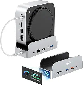 RayCue SmartDock Pro for Mac mini M6, M5 Pro, M4 Dock Stand with M.2 NVMe SSD Enclosure, 4K 60Hz HDMI, 10Gbps USB-C/A, Gigabit Ethernet, SD/TF Card Readers  Space-Saving Vertical Hub