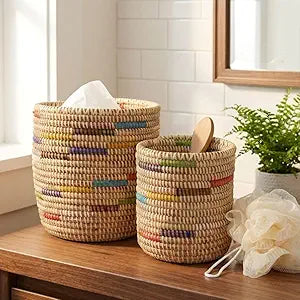 Small Decorative Woven Bins, Beige Colorful, Set of 2, Boho Shelf Baskets, Planter, Storage Organizer, 9 and 7 Inch