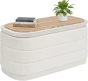 B FSOBEIIALEO Velvet Storage Ottoman with Tray, Folding Ottoman with Storage Coffee Table Shoes Bench for Dorm Room, Living Room White, 30"x15"x15"