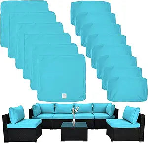 ClawsCover (Not Stretch) 14Pieces 600D Polyester Cloth Outdoor Patio Seat and Back Cushions Replacement Covers Fit for 7Pieces 6-Seater Wicker Rattan Sectional Couch Chair Furniture Set,Turquoise
