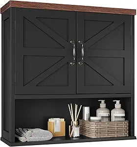 Bathroom Wall Cabinet with Barn Doors, Wall Mounted Bathroom Storage Cabinet, Farmhouse Style, Adjustable Shelf, Wall Mounted Medicine Cabinets, 23.6 x 7.9 x 23.9 Inches