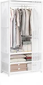Portable Closet for Hanging Clothes,Japanese Style Wardrobe Closet,Clothes Rack with 1 Hanging Rods,2 Storage Shelves,27.5" L x 17.7" W x 65.1" H,White