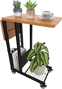 Simple Trending C Shaped End Table, Folding TV Tray Couch Side Table for Sofa on Wheels, Black