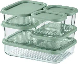 EATEX 6 Pack Glass Meal Prep Containers with Grooved Base, 6 Stackable BPA Free Glass Storage Containers with Lids for Lunch, Pantry, and Kitchen - Microwave, Dishwasher Freezer & Oven Safe - Sage