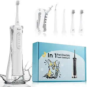 Dog Tooth Brushing Kit, 3 in 1 Dog Electric Toothbrush with Water Flosser, Dog Teeth Cleaning Tools with 3 Modes, Deep Cleaning Kit for Dogs and Cats, IPX7, White