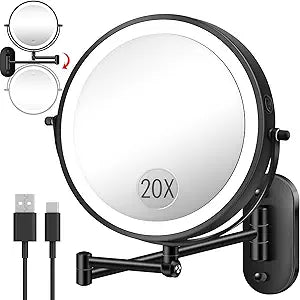 vpu 9" Wall Mounted Makeup Mirror with Light, 20X/1X Height Adjustable Double Sided Magnifying Bathroom Lighted Mirror, 3 Color Touch Dimmable Extended Arm 360 Rotation Light up Magnification Mirrors