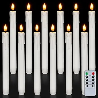 Homemory 12 Pcs Plastic Flameless Taper Candles with Remote Timer Dimmer, White Taper Candles Battery Operated with Flickering Flame Light Lifelike Led Candlesticks for Indoor Decoration 9.6 Inches