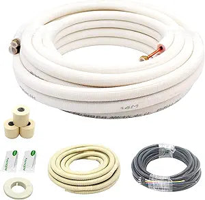 25ft Length Mini Split Line Set,1/4" 1/2" OD Copper Pipes Tubing and 3/8 White PE Thickened Insulated Coil with Flared Nuts for Mini Split Air Conditioner HVAC or Heat Pump System. (25Ft(1/4+1/2))