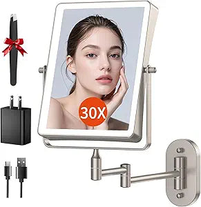 FUNTOUCH 5000mAh Rechargeable Wall Mounted Makeup Mirror with Lights, 8.7" Double Sided 1X/30X Magnifying Mirror with Dimmable 3 Color Light, Extended Swing Arm 360 Wall Mount Bathroom Vanity Mirror