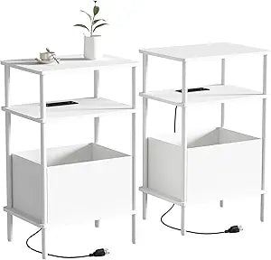 Small Side Table with Charging Station, Set of 2 End Table for Small Spaces, Slim Nightstand with Outlet,Sofa Beside Table, 3-Tier Storage Shelf,Living Room, Bed Room, Natrual White