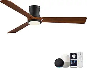Hoenofly 52in Smart Ceiling Fans with Lights,Remote/APP/Alexa Control,Low Profile Flush Mount Ceiling Fan for Modern Patio Bedroom,3 Natural Wood Blades,Reversible,Quiet,Dimmable,Outdoor Indoor Use
