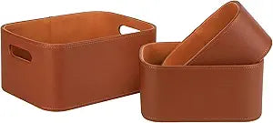 HofferRuffer Faux Leather Storage Baskets Bins with Velvet Lining for Organizing, Storage, Gifts, Set of 3 Nesting Shelf Baskets Decorative Storage Boxes for Home Organization (Brown)