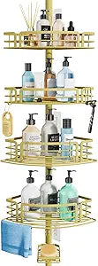 Consumest Corner Shower Caddy Tension Pole - Rustproof Shower Shelves with Towel Bar & Soap Holder, Adjustable Bath Organizer for Bathroom Storage, 27.6-108.3 inch, Gold
