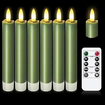 KSWING Upgraded Real Wax Short LED Flameless Green Taper Candles with Remote, 6 PCS Candlesticks Battery Operated - 6" Realistic Fake Candle Sticks for Home/Wedding/Fireplace Xmas Decor