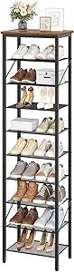 MAHANCRIS 10 Tier Narrow Shoe Rack Organizer, Tall Slim Shoe Storage for Small Space, Holds 10-20 Pairs, Metal Shoe Shelf with Wooden Top for Entryway Closet Bedroom, Rustic Brown and Black SRHR11401
