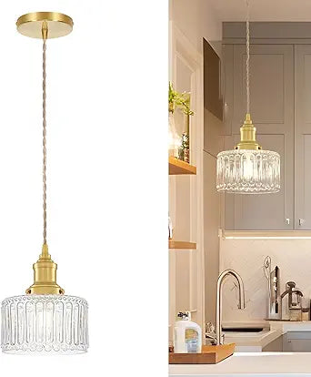 Vintage Pendant Lights for Kitchen with Clear Striped Glass Shade, 6.9 In Brushed Gold Pendant Lights Kitchen Island, Small Kitchen Island Lighting Adjustable Hanging Light for Entrance Hallway