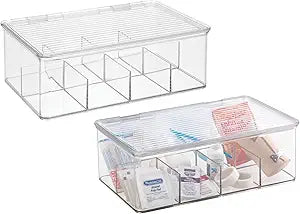 mDesign Plastic Divided First Aid Storage Box Kit with Hinge Lid for Bathroom, Kitchen, Cabinet, Closet - Organize Medicine, Ointments, Adhesive Bandages, Dental - 8 Sections, 2 Pack - Clear