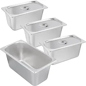 SINJEUN 4 Pack 1/3 Size Anti-Jam Hotel Pans, 6 Inch Deep Steam Table Pan with Lid, Metal Food Storage Pan for Home, Restaurant, Buffet