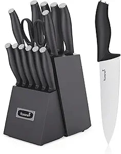 KUISINE Upgraded Chef Knife Set,High Carbon Stainless Steel Ultra Sharp Blade Ergonomic Handle,Kitchen Knife Block Set with Built-in Sharpener,Elegant Gift for Holiday(Silver Black,15PCS)