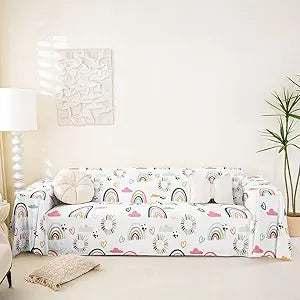 jejeloiu Rainbow Print Sofa Covers Washable Colorful Stripes Cushion Couch Covers for Pets Polka Dots Pattern Sectional Cat Scratch Couch Protectors White Pink Furniture Slipcovers Non-Slip,71" X118"