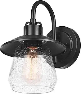 Globe Electric 60000012 1-Light Outdoor Wall Sconce, Matte Black, 7" Seeded Glass Shade, Curved Stem, Porch Light, Wall Lighting, Patio Dcor