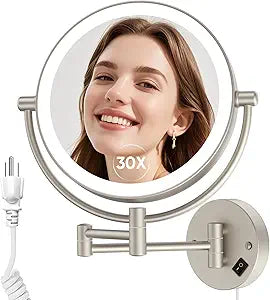 FUNTOUCH 1X/30X Wall Mounted Lighted Makeup Mirror,AC Plug in Powered Double Sided Magnifying Bathroom Mirror with Lights,3 Color Lights Mode,Touch Dimmable,Extended Arm 360 Rotation Light up Mirrors