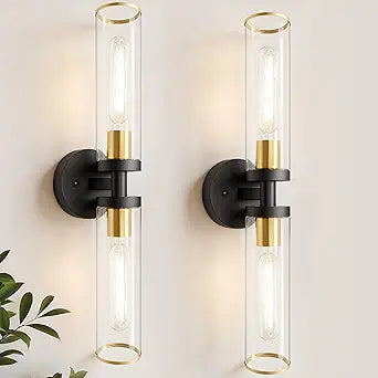 Wall Sconces Set of Two, Black and Gold Bathroom Wall Sconces with Clear Glass,Hardwired Modern Sconces Wall Decor Set of 2 Wall Light for Bathroom Mirror Bedroom Living Room Hallway Vanity