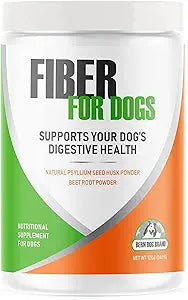 Fiber for Dogs Psyllium Seed Husk Powder & Dehydrated Beet Root Powder Aids a Number of Intestinal Disorders in Dogs Including Diarrhea, Constipation & Anal Gland Issues. Available in 6 and 12 oz.