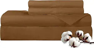 ROYALE LINENS 300 Thread Count 100% Long Staple Combed Cotton Sheet Set - 4 Piece Queen Bed Sheets - 1 Fitted, 1 Flat & 2 Pillow Cases - Soft Cool & Crisp Sheet Set (Queen, Chocolate)