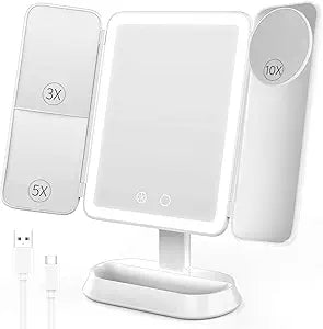 FRANO Makeup Mirror with Lights, Rechargeable Mirror with 3X/5X/10X Magnification, Portable Vanity Mirror with for Travel/Desk, Valentines Day Gifts for Her