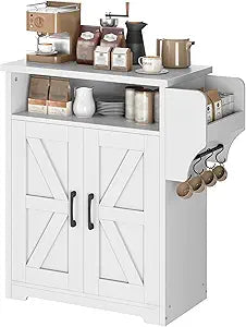 YATINEY Coffee Bar Cabinet, Kitchen Island with Storage, Farmhouse Sideboard Buffet Cabinet with Dual-Purpose Floating Shelf and Hooks, for Kitchen, Restaurant, Living Room, White KF22WT