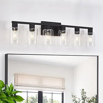 Black Bathroom Light Fixtures, 6-Light Bathroom Lighting Fixtures Over Mirror with Clear Glass Shade, Matte Black Vanity Lights, 6 Light Count Large Vanity Light Fixture for Bath, Mirror,Wall Sconce