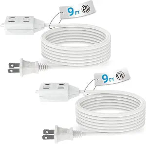 2 Prong Indoor Extension Cord, 9 FT 3 Polarized Outlet Power Extension Cable with Safety Slide Cover, 13A/1625W, ETL Listed,2 Packs