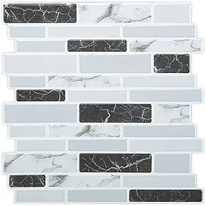 Art3d Thick Peel-and-Stick Kitchen Backsplash Tile, 10-Sheet Marble Design Self Adhesive Wall Tiles for Kitchen Bathroom Back Splash - Grey