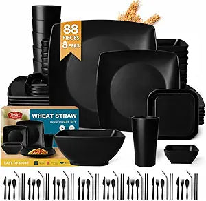Teivio 88-piece With Flatware Plastic Kitchen Wheat Straw Square Dinnerware Set for 8, Unbreakable Dinner/Salad/Appetizer Plates, Snack Bowls, Dipping Sauce Cups,Tumblers, Dishwasher Safe Dish,Black