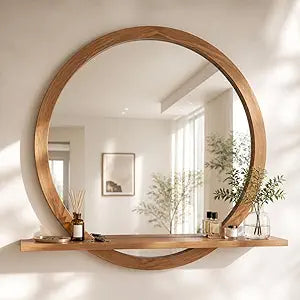 Vercraft Round Wall Mirror with Shelf Solid Wood Frame Rustic Circle Mirror Handcrafted for Entryway Bathroom or Living Room Decorative(30 Inch,Brown)