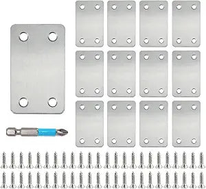 QSJ 12 Pack Flat Mending Plate, Metal Bracket, Stainless Steel Brace 2.36 x 1.49'', Fixing Joining Plate for Wood with 48PCS Screws, 1x Screwdriver., Black, QSJ-03