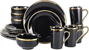 16-Piece Black and Gold Dinnerware Set for 4, Elegant Porcelain Plates and Bowls Set with Golden Rim, Modern Luxury Tableware Service, Complete Dish Set for Home Dining and Gifts