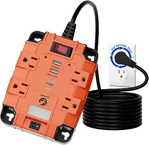 Magnetic Power Strip with Surge Protector, 6FT Power Cord with 360 Rotating Flat Plug, 4 AC Outlets & 4 USB Ports, Dual Magnets & 4 Mounting Holes for Workshop, Home and Office, ETL Listed, Orange