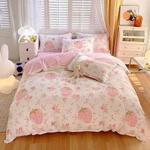 MILANKET Pink Duvet Cover Set Twin, Florals Strawberry Bedding 3-Piece