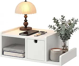 Floating Nightstand Wall Mounted, Bedside Table with Drawer, Open Cubby & Reversible Side Shelf, Space-Saving Floating End Table for Bedroom/Living Room (White)