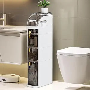 4-Tier Narrow Bathroom Storage Cabinet with Wheels & Tissue Box, 7.1 Inch Skinny Bathroom Cabinet Waterproof Organizer, Slim Storage Drawers for Toilet/Laundry/Kitchen