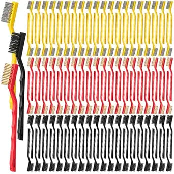 Reallnaive 150 Pcs Mini Wire Brush Set 7 Inch Stainless Steel Nylon Brass Brush Set with Reliable Curved Handle Detail Cleaning Scratch Brushes for Cleaning Metal Welding Slag Rust Paint