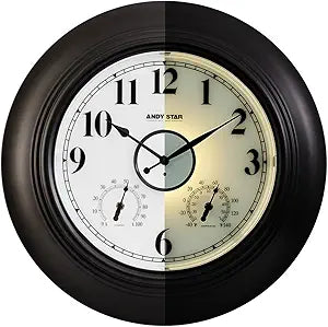 Andy Star 21 Inch Large Illuminated Outdoor Wall Clock Waterproof with Thermometer and Hygrometer, Oversized Battery Wall Clock for Patio Pool, Oil Rubbed Bronze Silent Non Ticking Clock for Garden