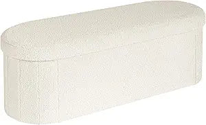 PINPLUS Storage Ottoman Bench Tufted Oval Ottomans Bench Foot Rest, Chest Box Velvet Bench with Storage, 43"x15"x15" (White)